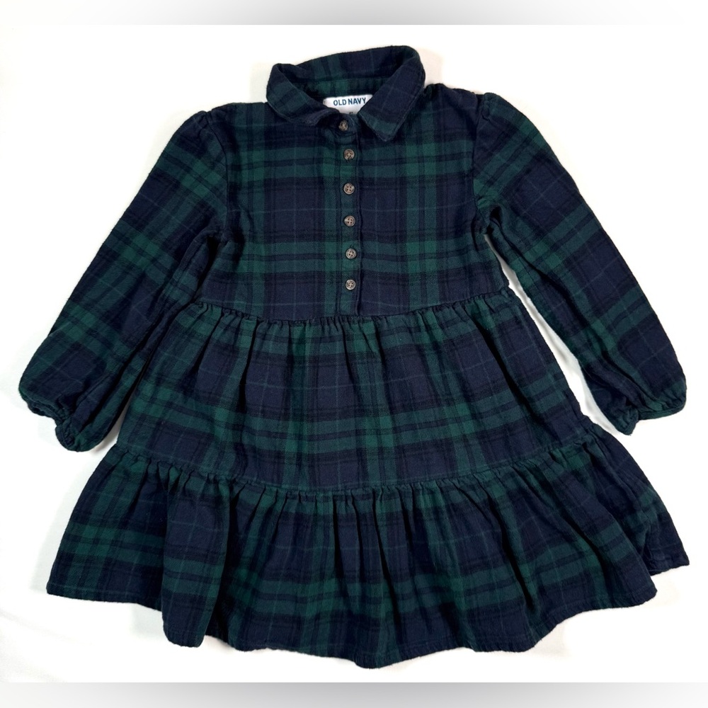 OLD NAVY Girls Plaid Flannel Tiered‎ Dress 4T Green Navy Blackwatch Preppy Fall